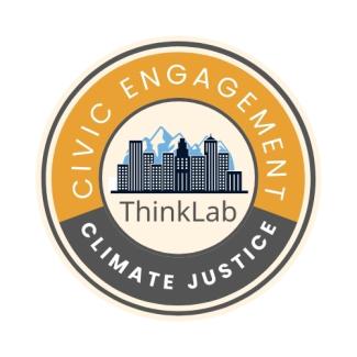 Civic Engagement and Climate Justice ThinkLab logo with city and mountains in the background