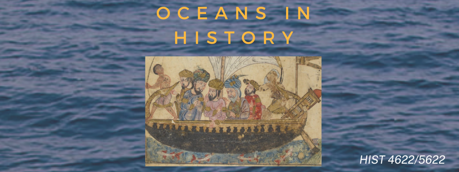 Oceans in History Flyer. Photo of people traveling in boat in the Indian Ocean 