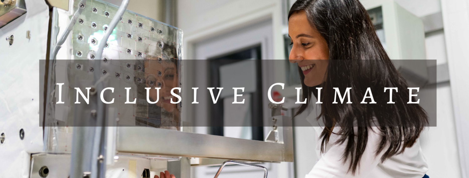 Inclusive Climate Banner. Photo shows female scientist working in lab