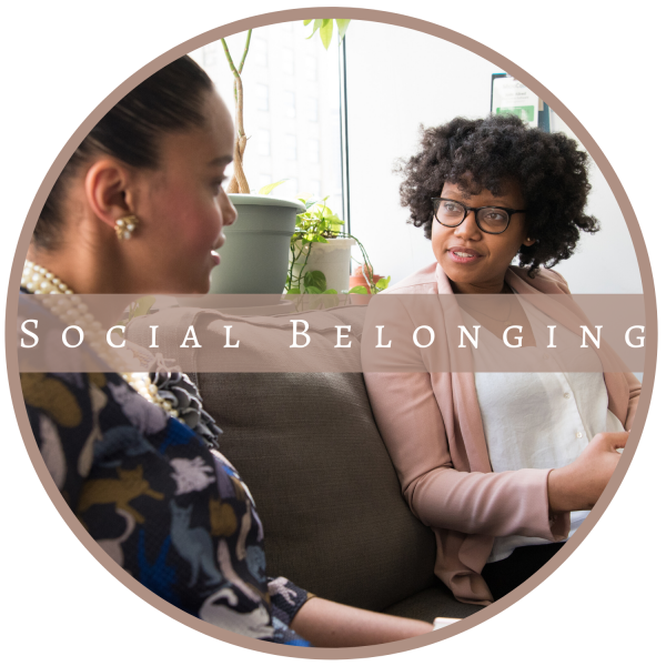 Social Belonging Module Icon. Photo shows two African American women talking to each other while sitting on a couch. 