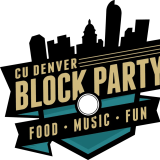 A silhouette of the downtown Denver skyline with the words CU Denver Block Party - Food, Music, Fun across the bottom.