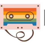 A rainbow colored cassette tape with the ribbon spooling out of the bottom