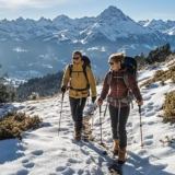 Two people hiking in the snow in the mountains