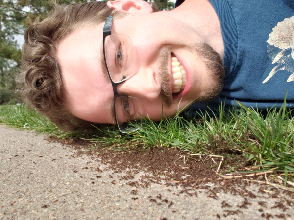 Photo of Alex Moss laying his head near a group of ants on the sidewalk