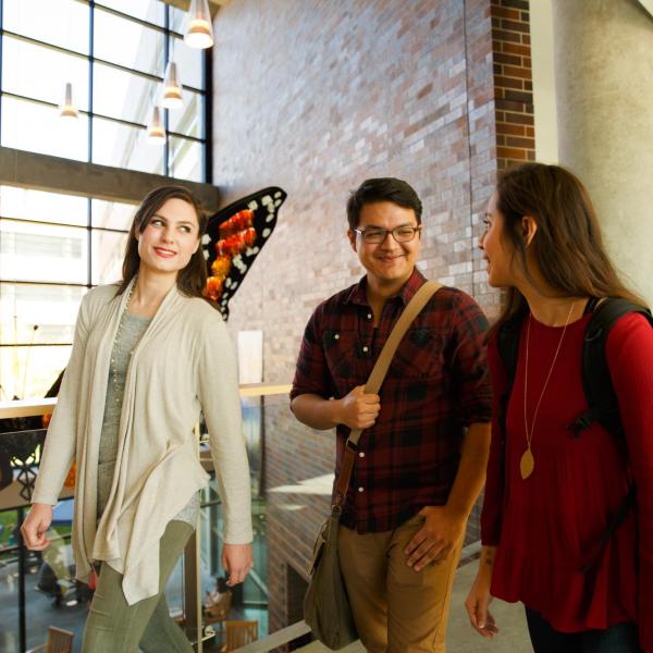 Students walking in the Science Building.