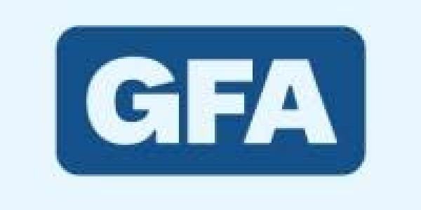 light blue letters on dark blue backround. Text reads GFA
