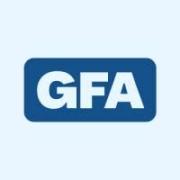 light blue letters on dark blue backround. Text reads GFA