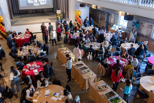 Top down view of the event space with people walking about.