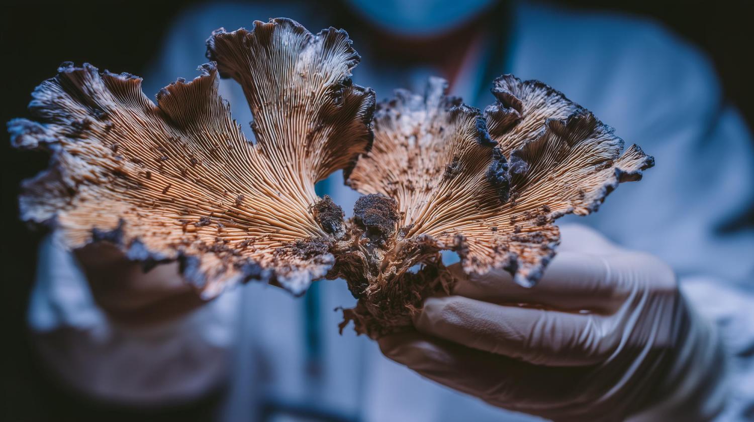 medical gloved hand holds a type of fungus