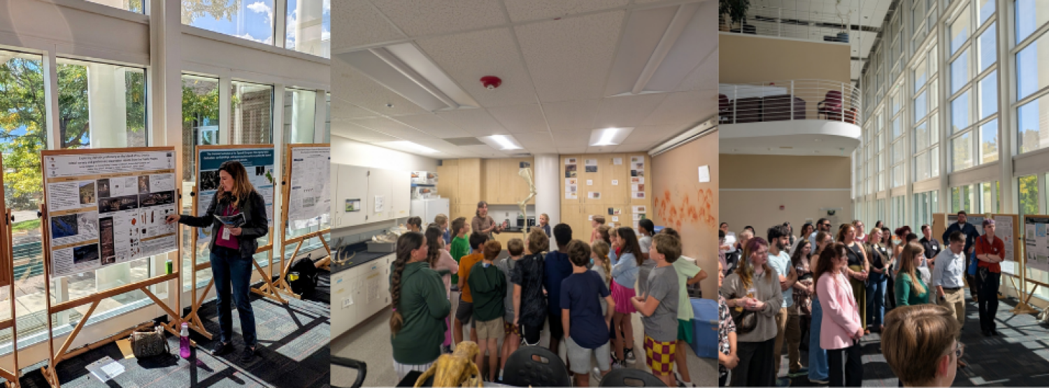  a presenter discusses a research poster in a sunlit atrium, a group of students gathers around an instructor in a classroom lab, and a large crowd mingles among research posters in a bright campus atrium.