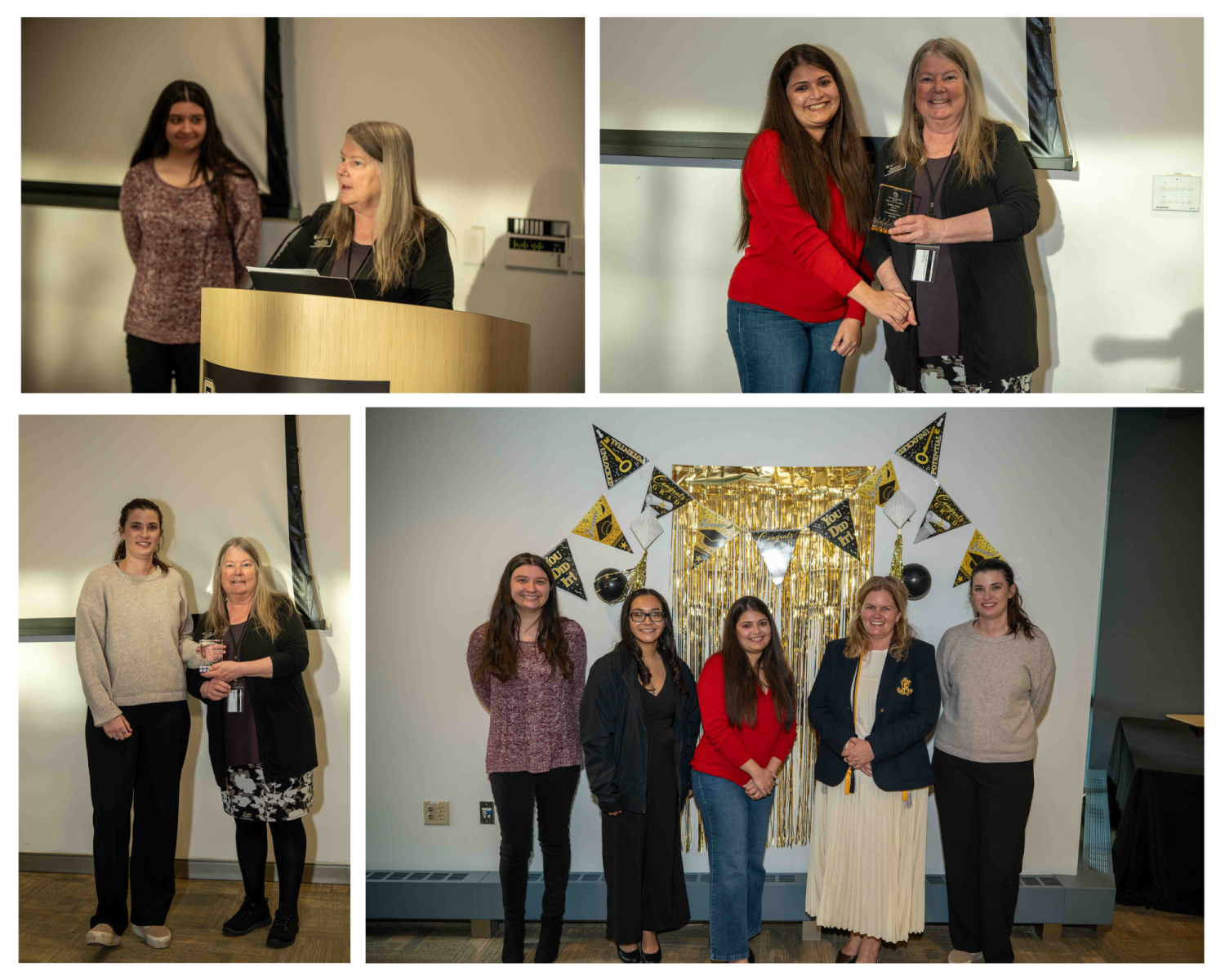 Collage of photos from a College of Liberal Arts and Sciences awards event, showing faculty and graduate award recipients during remarks, award presentations, and a group photo