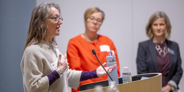 Jenny Steffel Johnson, certificate co-director, speaks at a School of Public Affairs event on affordable housing alongside certificate advisor Robin Kniech and certificate co-director 
