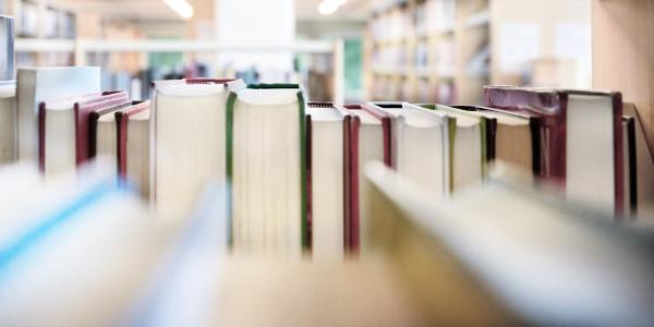 A wide angle shot of a book shelf