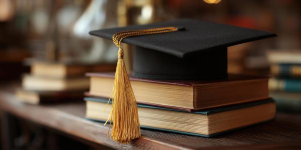 books with a graduation cap on top