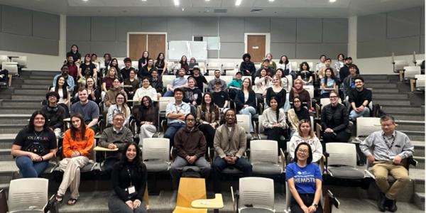 Faculty, Staff, and Students at the 2026 “Math Roadmap” Workshop Hosted by the CU Denver Chemistry Club in a classroom smiling. The room is full.