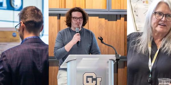 A three-panel collage of an event at the CU Denver Business School. The left panel shows a person viewing a research poster next to a large cassette tape graphic. The middle panel shows a young man speaking at a podium with the CU Denver Business School logo. The right panel shows two attendees networking with drinks and food in front of a research poster.