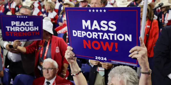 woman holds sign that reads Mass Deportation Now