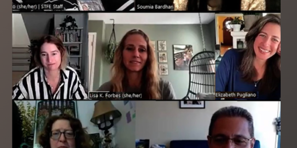 Dr. Soumia Bardhan speaks with a panel of participants over zoom