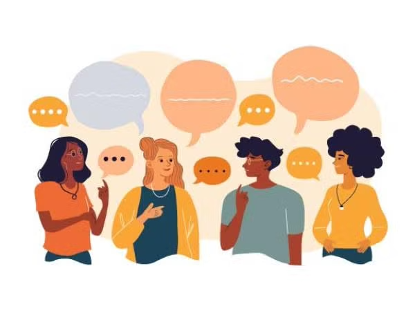 illustration of four people talking with chat bubbles over their head
