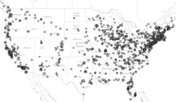 A map by Blevins demonstrates the network of locations mentioned in a lesbian feminist periodical that connected lesbian communities across the USA throughout the 70s and 80s. The map shows greater concentrations of networks in the US' coastal regions and eastern United States.