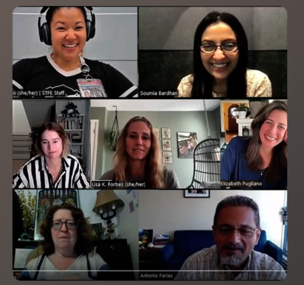 Dr. Soumia Bardhan speaks with a panel of participants over zoom