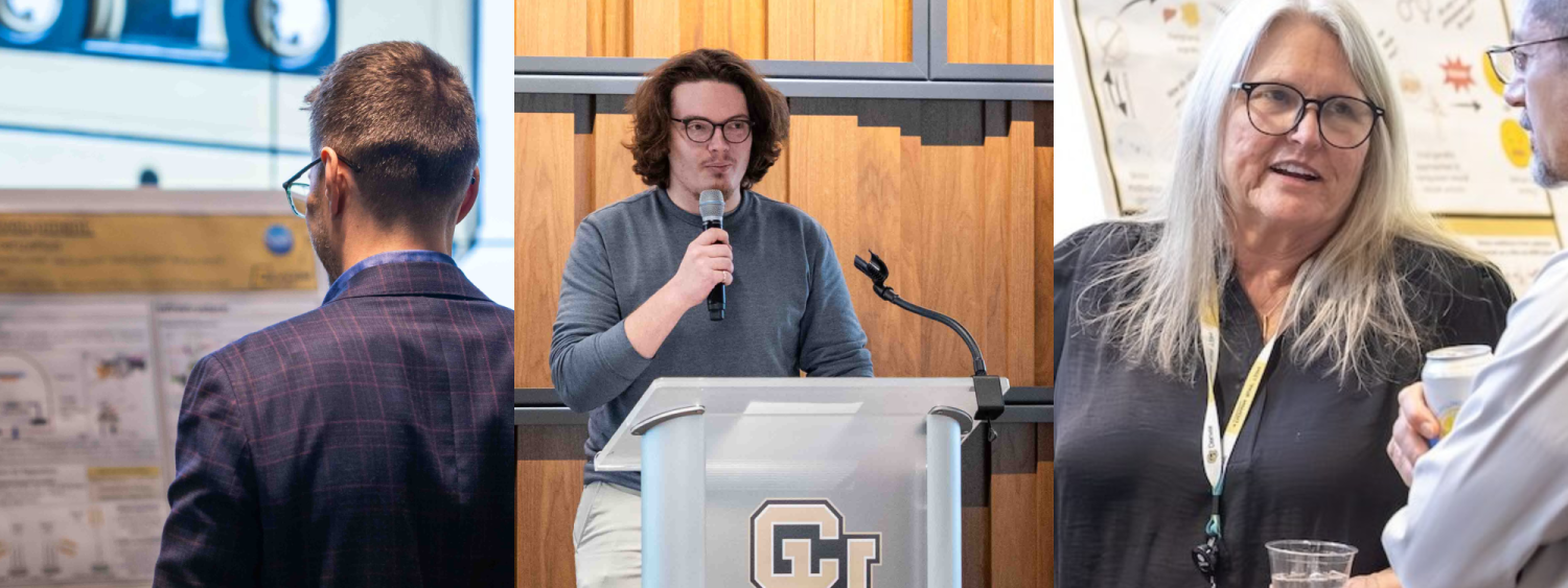 A three-panel collage of an event at the CU Denver Business School. The left panel shows a person viewing a research poster next to a large cassette tape graphic. The middle panel shows a young man speaking at a podium with the CU Denver Business School logo. The right panel shows two attendees networking with drinks and food in front of a research poster.