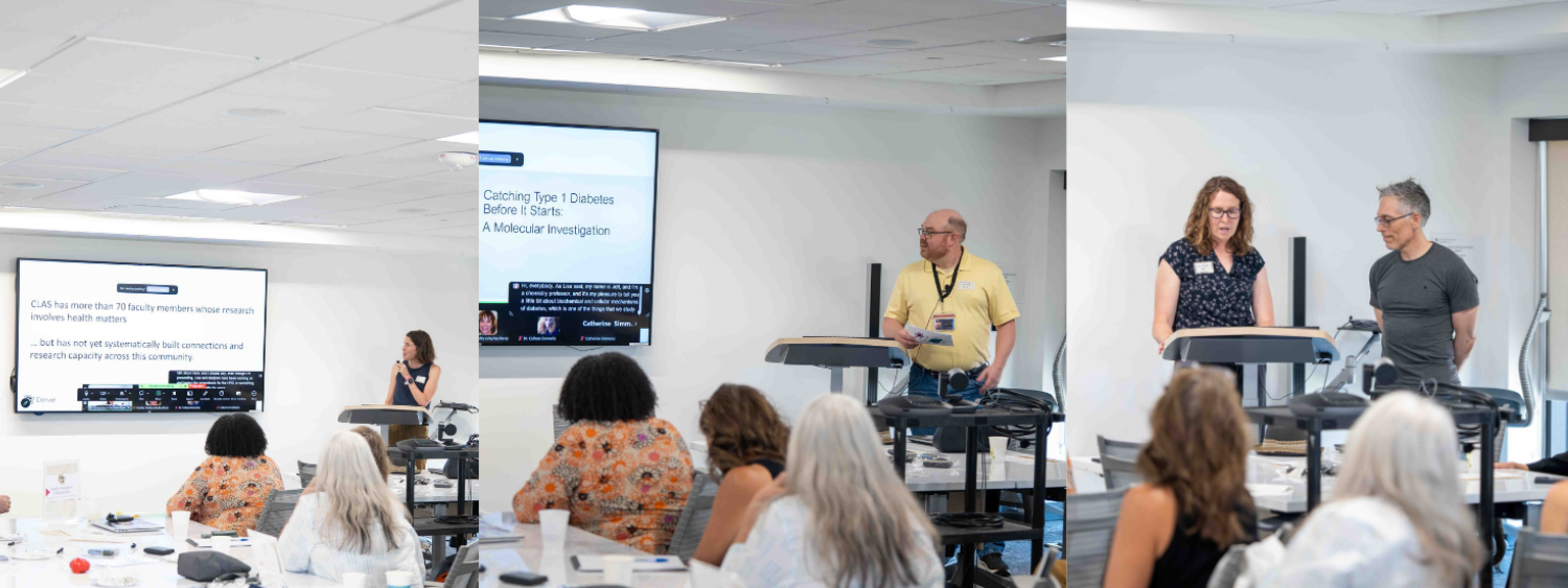 hree-photo collage from the CU Denver Health Research Collaborative kickoff showing presenters speaking to attendees in a conference room, with presentation slides displayed on screens and participants seated at tables.