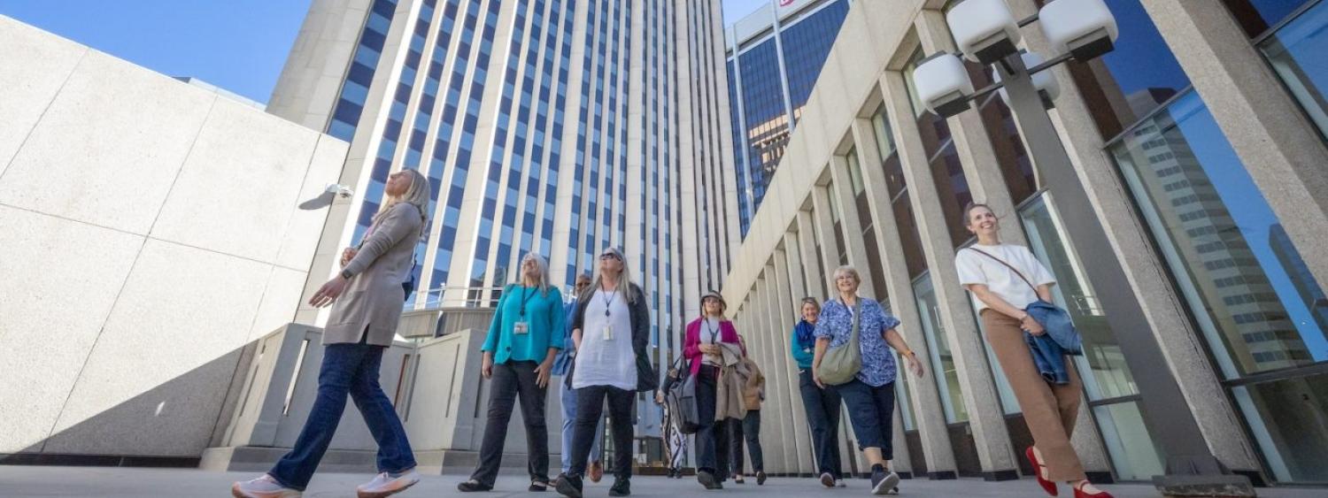 CU Denver faculty and staff walk the Independence Plaza building