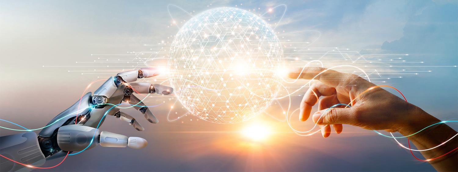 image of robotic hand reaching out to human hand