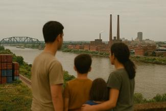 family stands along a river looking out towards a factory