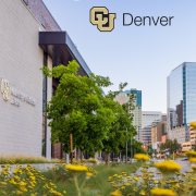 CU Denver student commons building with a clear blue sky behind it. Text reads "5 mental health resources at CU Denver"