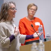 Jenny Steffel Johnson, certificate co-director, speaks at a School of Public Affairs event on affordable housing alongside certificate advisor Robin Kniech and certificate co-director 