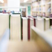 A wide angle shot of a book shelf