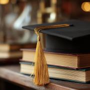 books with a graduation cap on top
