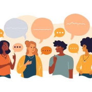 illustration of four people talking with chat bubbles over their head