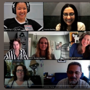 Dr. Soumia Bardhan speaks with a panel of participants over zoom