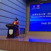 Vice Chancellor for Strategic Enrollment and Student Success Zina Evans speaks at the 2026 International College Beijing graduation ceremony.