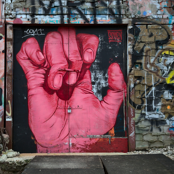 Brick wall covered in colorful graffiti with a black door at the center showcasing a pink hand in a near fist.