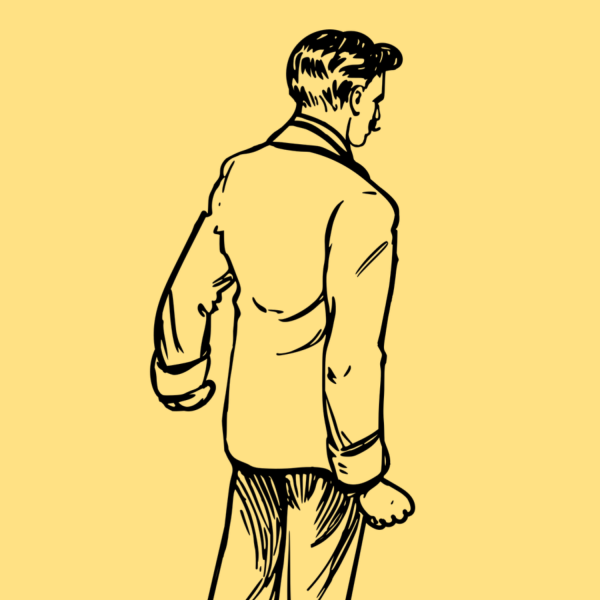 Line art of a man in a suit with his back to the audience. His hands are clenched. He has medium length hair and a moustache. Sepia background.