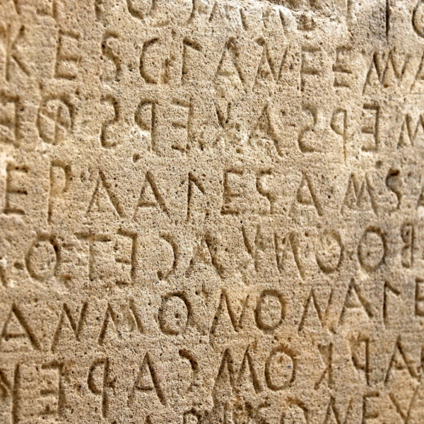 Ancient wall with Greek characters carved into it