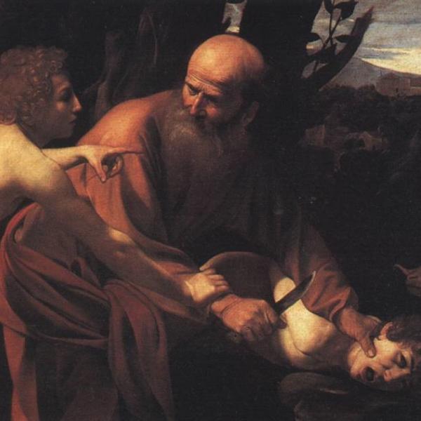 "The Sacrifice of Isaac" by Caravaggio. An older father holds a teenage son down with a knife at the terrified boy's throat. A masculine angel intervenes while a goat watches. Castle in background.
