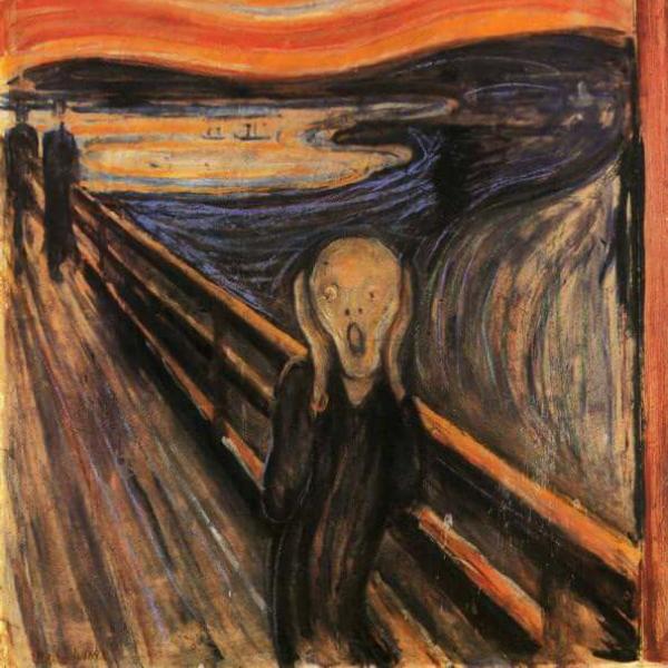 "The Scream" by Edvard Munch. Bald sickly pale humanoid figure in black clothing holds both sides of their face and has an open mouth scream. They are on a bridge with two figures behind them on the bridge over a blue-black river against the backdrop of a lurid red and orange sky.
