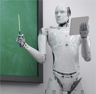 photo of robot man holding a notebook and pointing to a blackboard