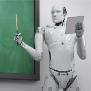 photo of robot man holding a notebook and pointing to a blackboard