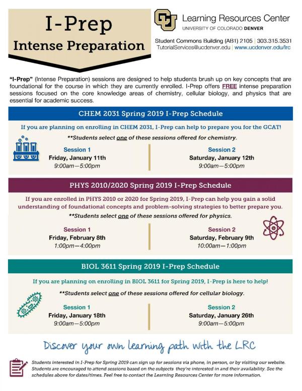 PHYS Spring 2019 IPrep Schedule Department of Physics CU Denver