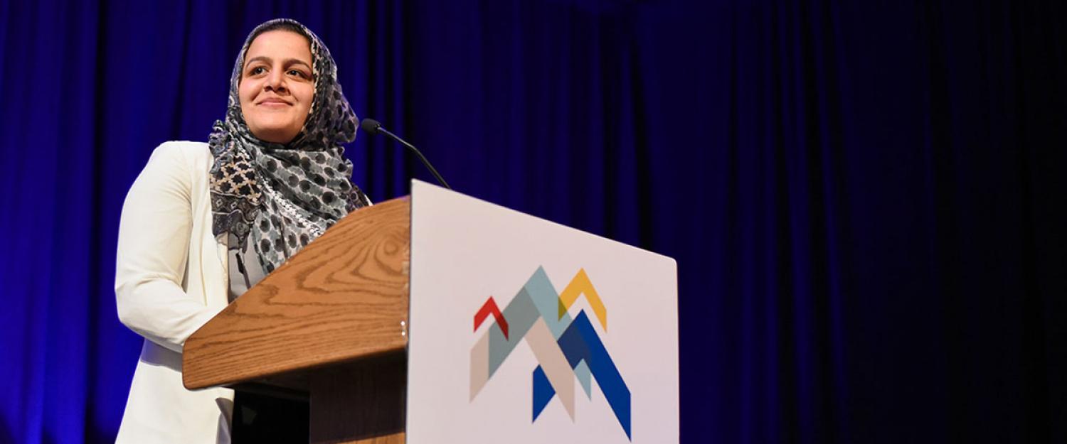Nadeen Ibrahim accepting the Colorado Student of the Year award from the Denver Metro Chamber Leadership Foundation