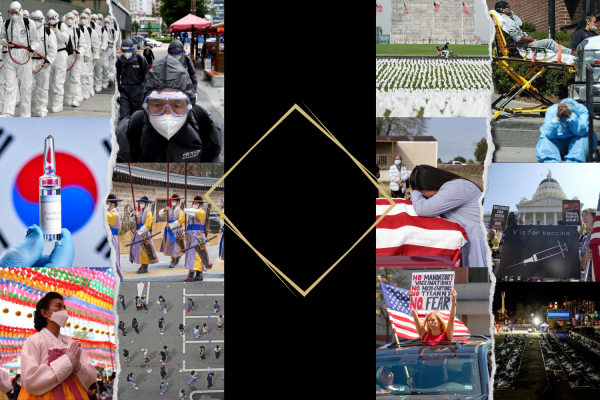 Photos of Korea's Response to COVID including street sanitizers, vaccine vial against flag, a woman in hanbok and mask praying against lanterns, Korean royal guards wearing masks, people social distancing. A square for decoration and the opposing side shows collage of America's Response: Person riding bike in white flags for covid victims, a covid patient being loaded into ambulance, person crying over casket with flag over it, A vaccine protest at a capitol, more protestors. 