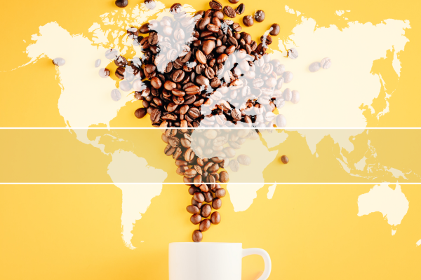 Coffee cup with coffee beans pouring into it against a yellow background. Overlay of world map with indicators showing where coffee is grown in the world.