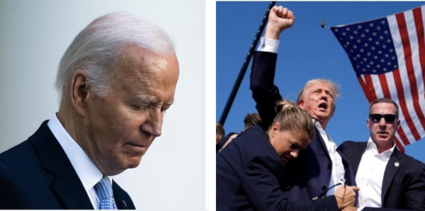 Photo of president Biden, as he withdrew from the presidential race, and former president Trump, after surviving a shot to the ear the same week