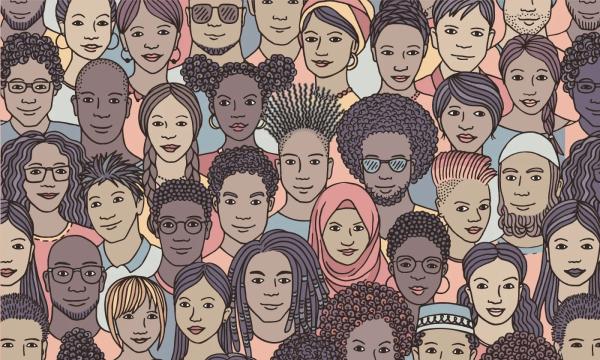 A drawing of diverse people smiling